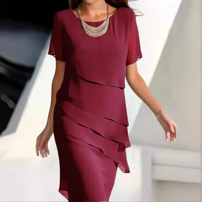 Chloé Robe Midi Femme – Robe en Chiffon Fluide à Volants avec Manches Courtes Élégantes