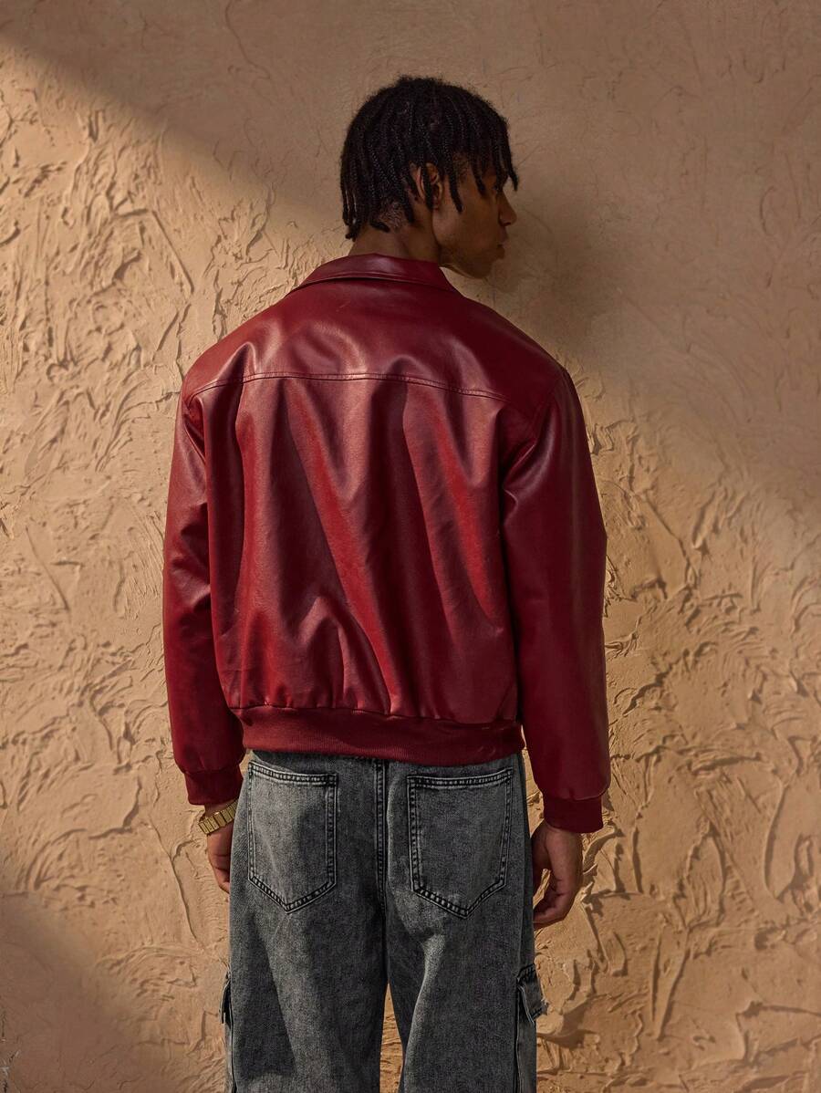 Men's Brandon Red Faux Leather Jacket – Modern Loose-Fit Zipper Jacket & Urban Style