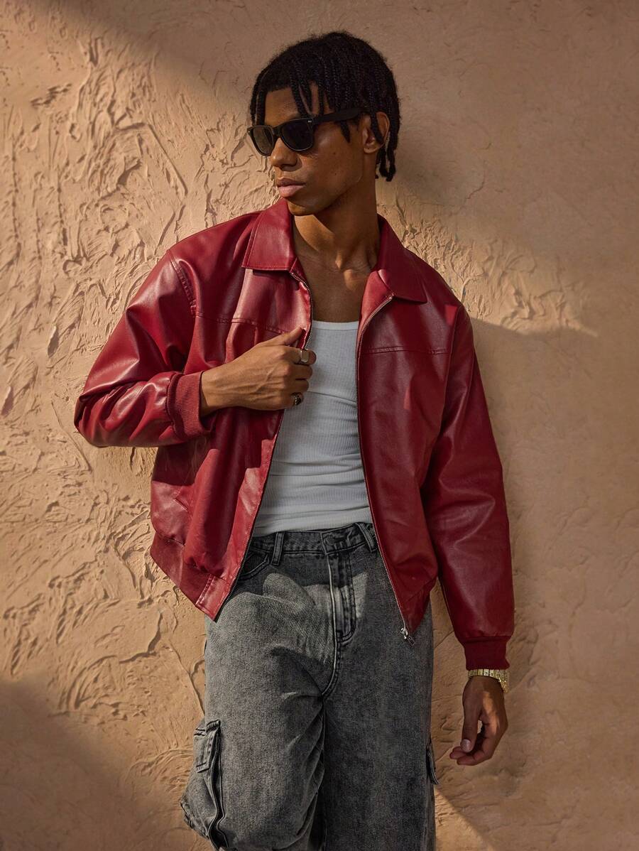 Men's Brandon Red Faux Leather Jacket – Modern Loose-Fit Zipper Jacket & Urban Style