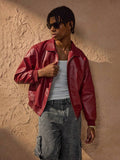 Men's Brandon Red Faux Leather Jacket – Modern Loose-Fit Zipper Jacket & Urban Style