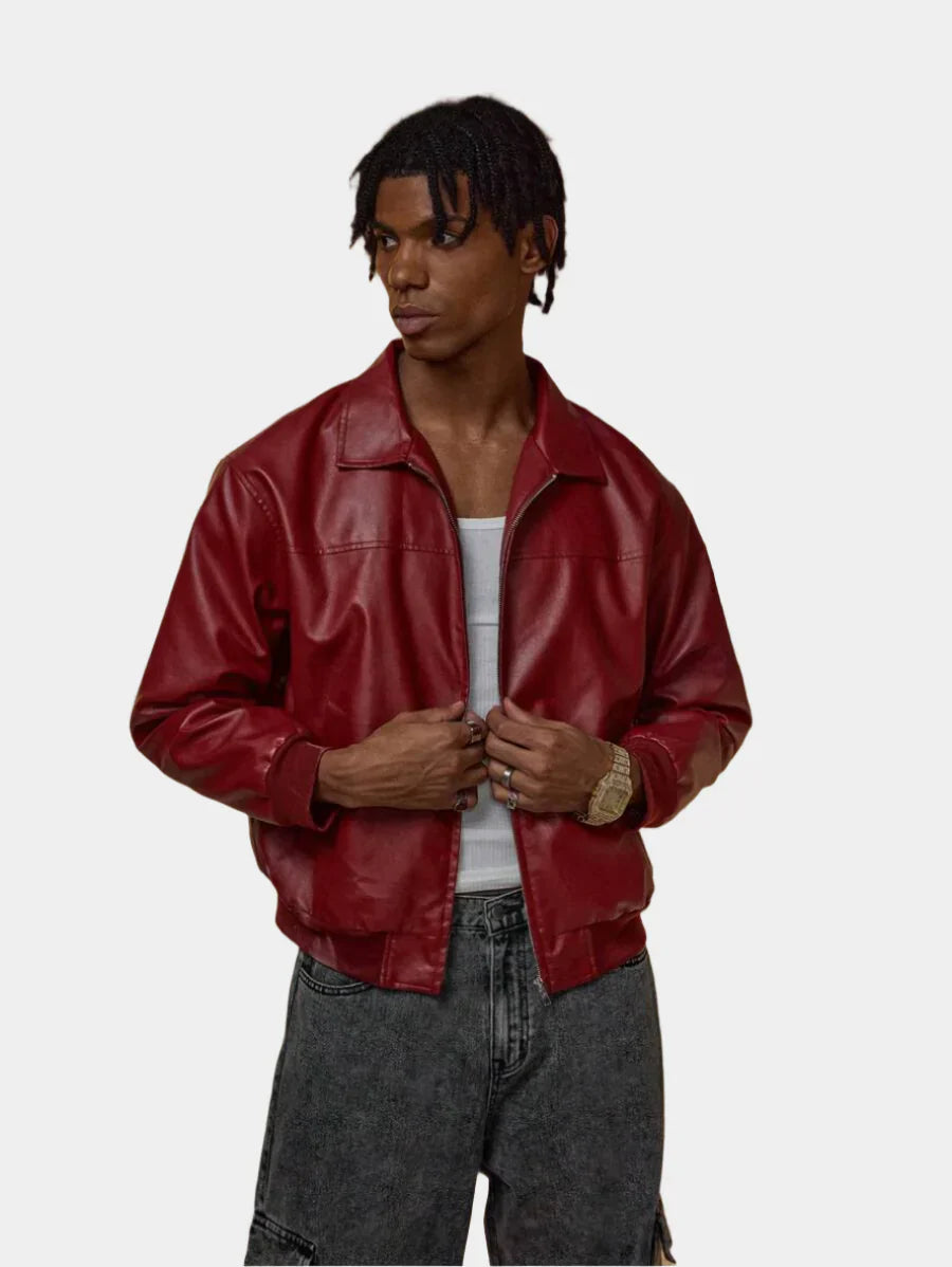 Men's Brandon Red Faux Leather Jacket – Modern Loose-Fit Zipper Jacket & Urban Style
