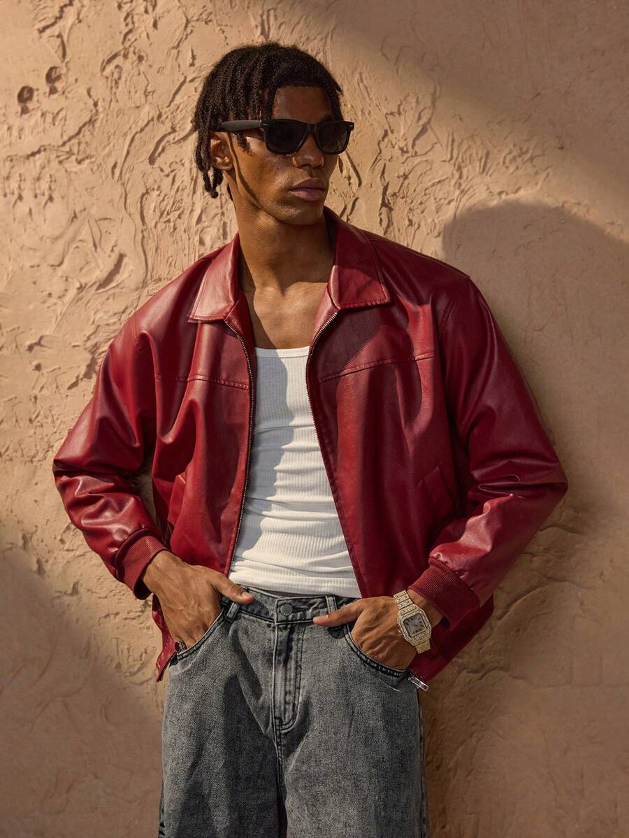 Brandon Veste Homme en Similicuir Rouge – Veste Zippée Moderne à Coupe Ample & Style Urbain