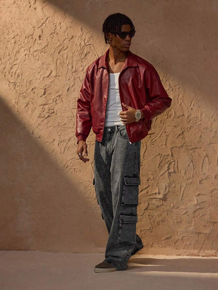 Brandon Veste Homme en Similicuir Rouge – Veste Zippée Moderne à Coupe Ample & Style Urbain