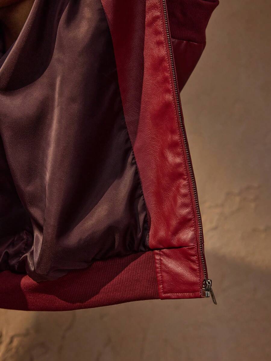 Men's Brandon Red Faux Leather Jacket – Modern Loose-Fit Zipper Jacket & Urban Style