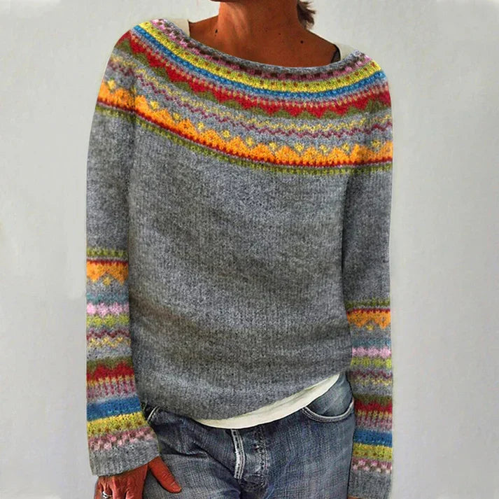 Marites Maglione da donna – Maglione in maglia retrò con motivo colorato, scollo a barca e maniche lunghe