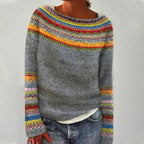 Marites Maglione da donna – Maglione in maglia retrò con motivo colorato, scollo a barca e maniche lunghe