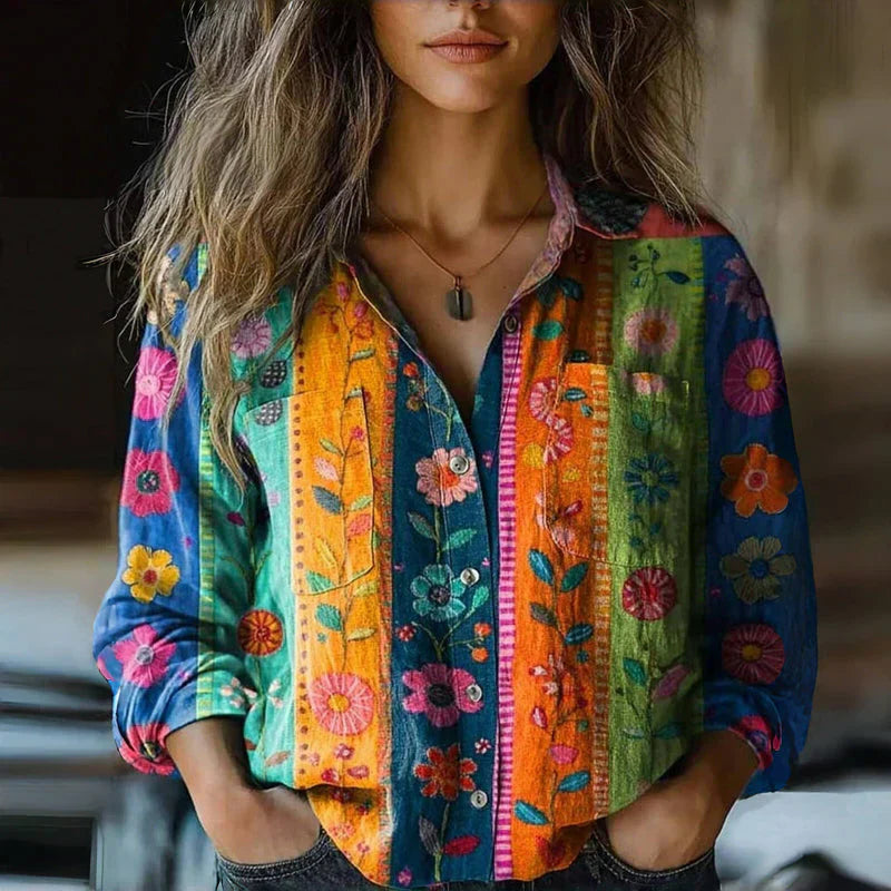 Nerina Blouse Vintage Femme – Blouse Aérée à Imprimé Ethnique avec Col à Revers et Manches Longues