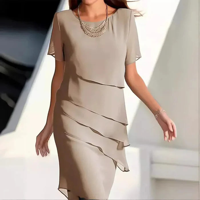 Chloé Robe Midi Femme – Robe en Chiffon Fluide à Volants avec Manches Courtes Élégantes