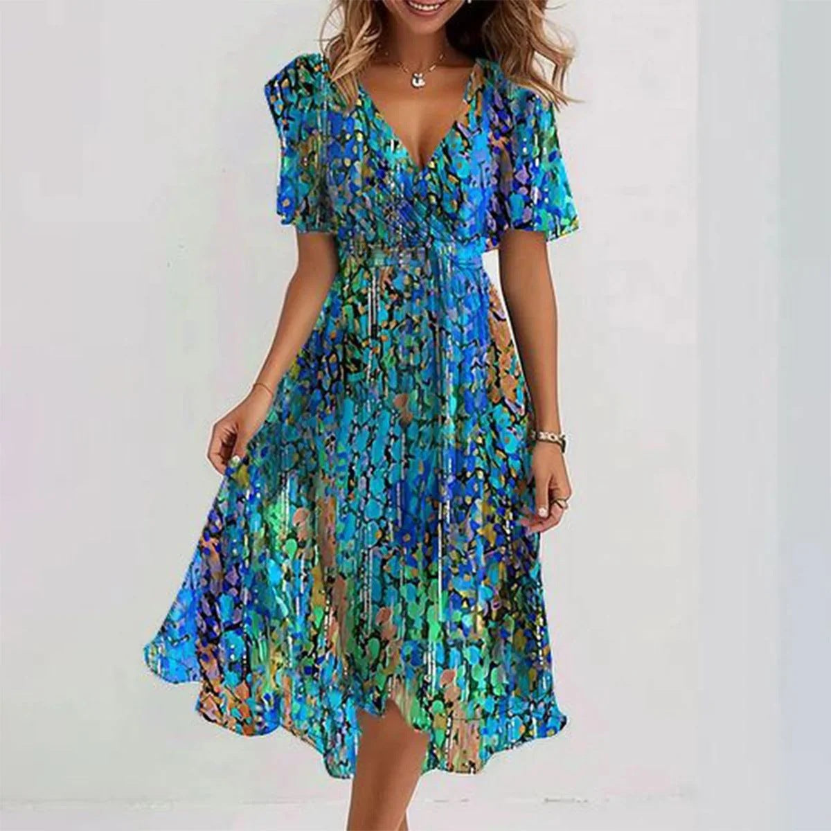 Ella Robe Femme – Robe Fleurie Élégante avec Encolure Cache-Cœur, Manches Volantes & Coupe Fluide