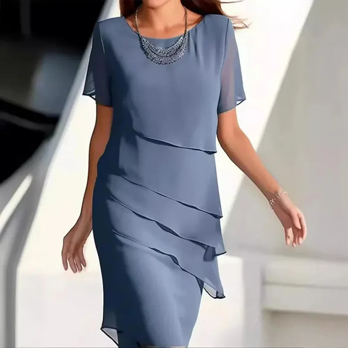 Chloé Robe Midi Femme – Robe en Chiffon Fluide à Volants avec Manches Courtes Élégantes