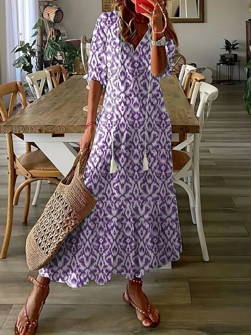 Natalie Robe Bohème Femme – Robe d'Été Élégante à Volants avec Col en V et Motif Ikat