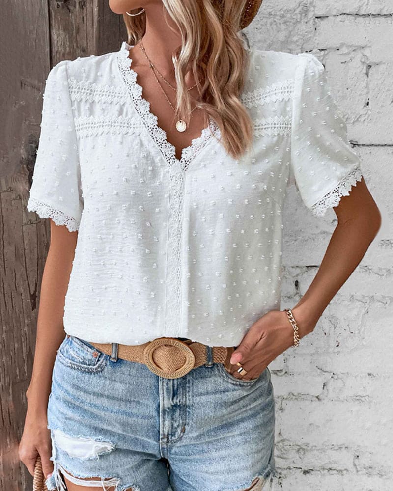 Aira Blouse Femme en Coton – Blouse Vintage avec Dentelle Élégante & Manches Courtes Bouffantes