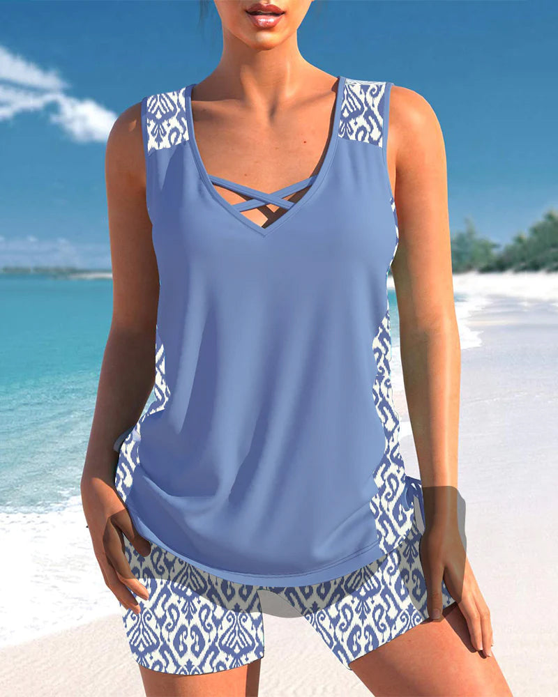 Abigail Tankini Femme – Ensemble Tankini à Motif Géométrique avec Short et Coupe Confortable