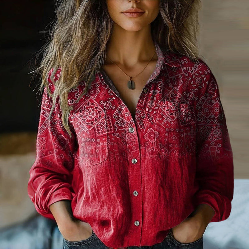 Nerina Blouse Vintage Femme – Blouse Aérée à Imprimé Ethnique avec Col à Revers et Manches Longues