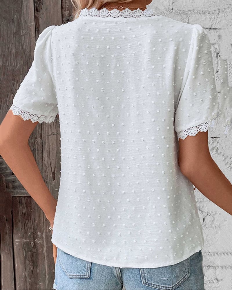 Aira Blouse Femme en Coton – Blouse Vintage avec Dentelle Élégante & Manches Courtes Bouffantes