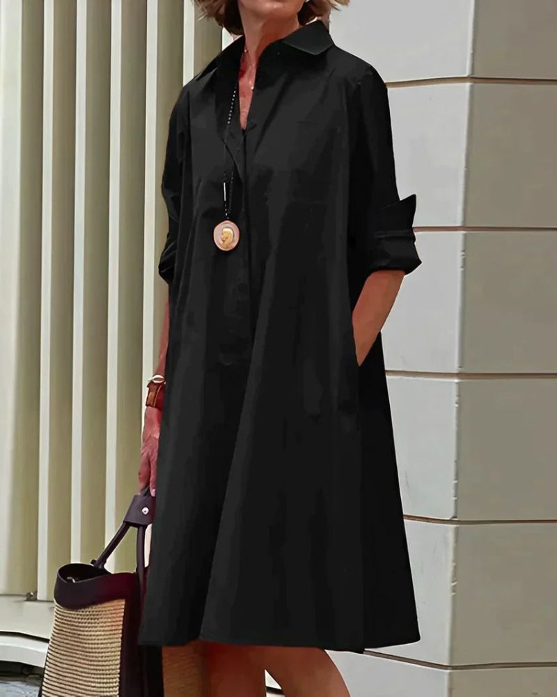 Claire Women's Shirt Dress – Midi Collared Dress with Long Sleeves and Practical Pockets