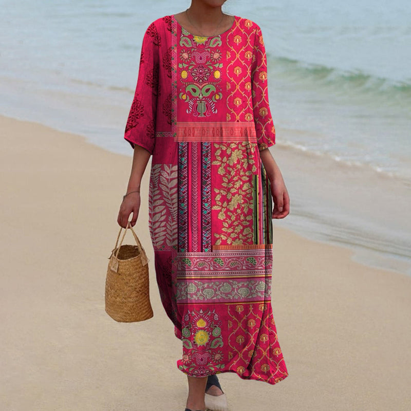 Marisol Women's Maxi Dress - Bohemian Cotton Long Dress with Ethnic Print and Flowy Fit