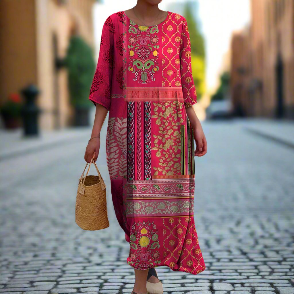 Marisol Women's Maxi Dress - Bohemian Cotton Long Dress with Ethnic Print and Flowy Fit