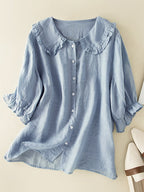Madeline Blusa para Mujer – Camisa Holgada de Algodón y Lino con Cuello Peter Pan con Volantes Elegante