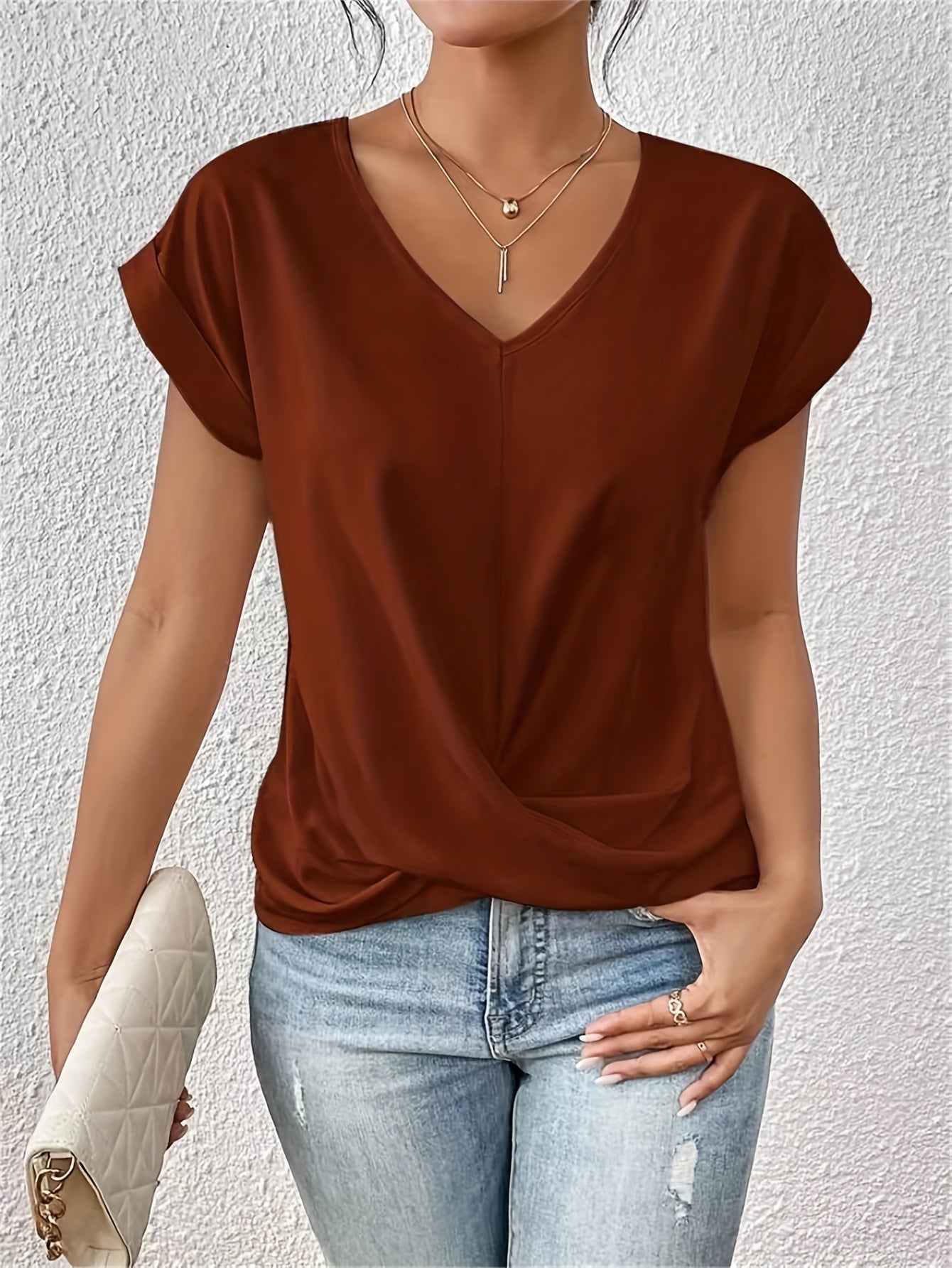 Nina Top Femme – Haut Col V avec Nœud Élégant, Drapé Fluide & Coupe Féminine