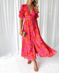 Zoe Women's Dress - Elegant V-Neck Dress with Puff Sleeves and Flowy Fit