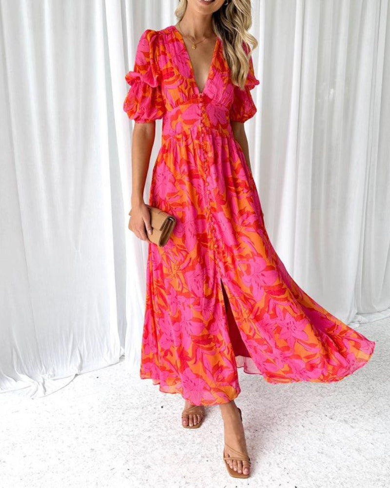 Zoe Women's Dress - Elegant V-Neck Dress with Puff Sleeves and Flowy Fit