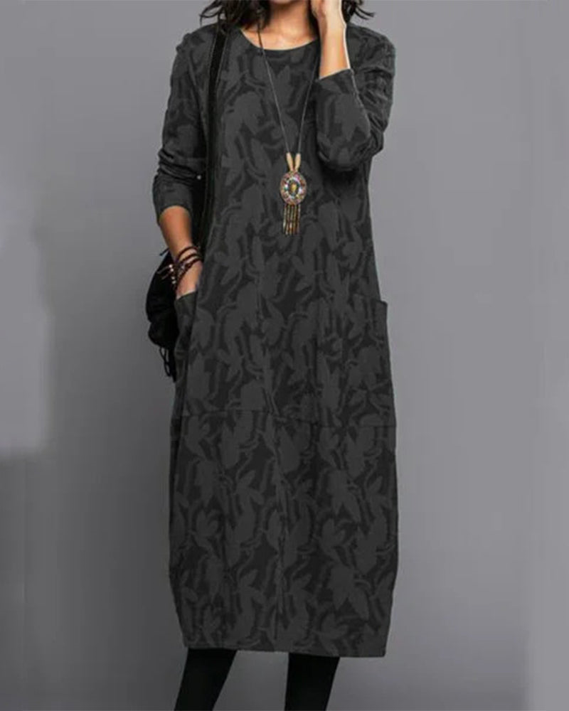 Pauline Robe Longue Femme – Robe Polaire à Manches Longues avec Poches & Imprimé Floral Élégant
