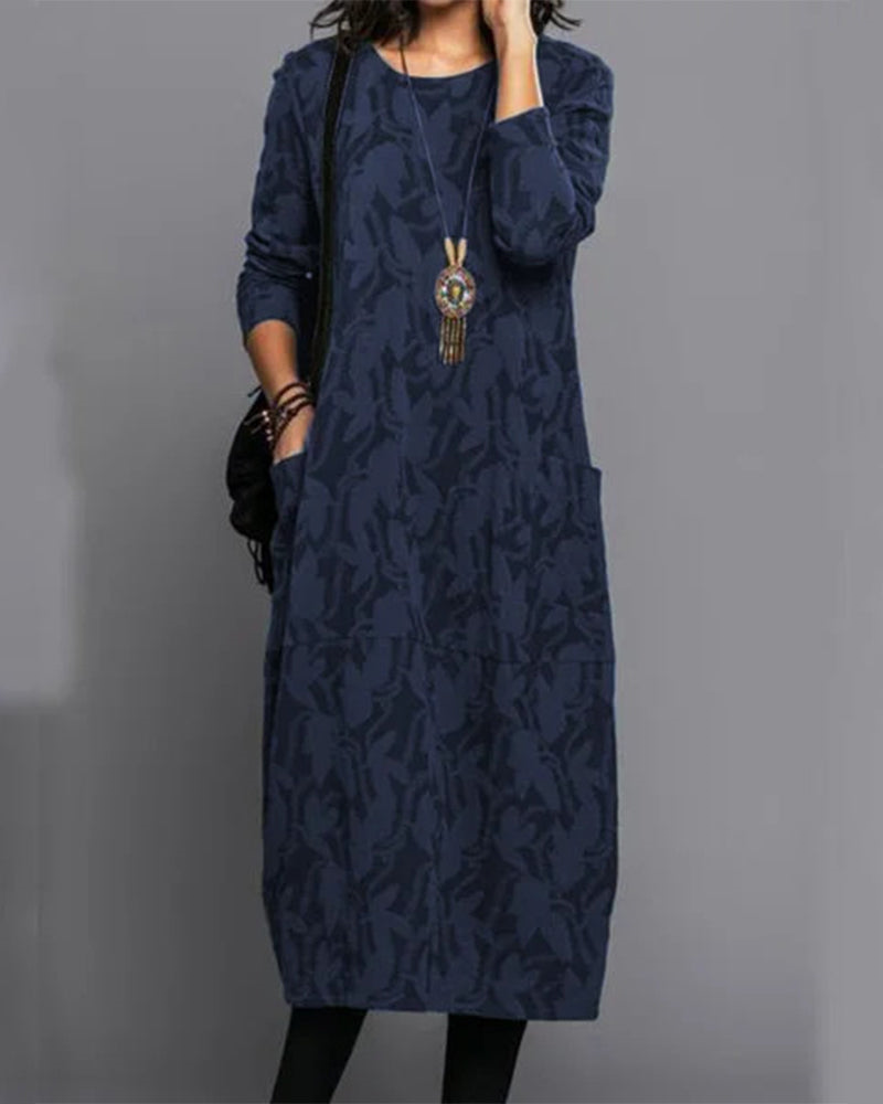 Pauline Robe Longue Femme – Robe Polaire à Manches Longues avec Poches & Imprimé Floral Élégant