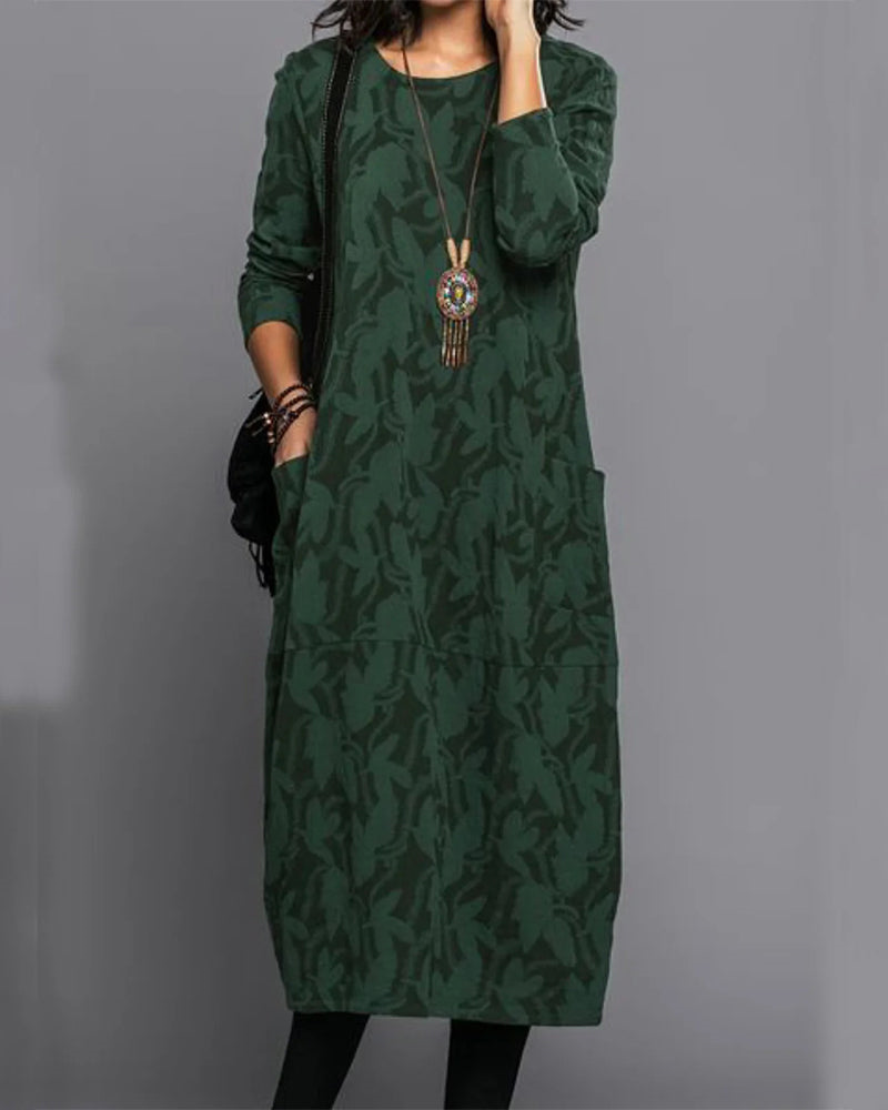 Pauline Women's Long Dress – Fleece Long-Sleeved Dress with Pockets & Elegant Floral Print