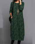 Pauline Women's Long Dress – Fleece Long-Sleeved Dress with Pockets & Elegant Floral Print