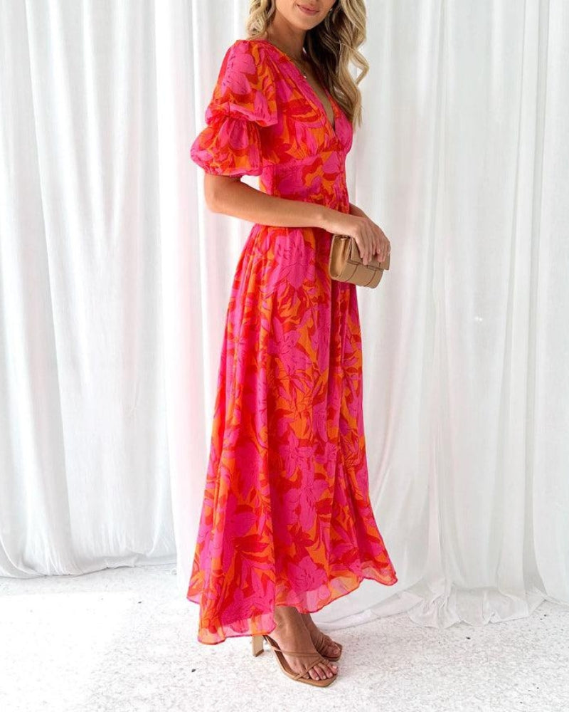 Zoe Women's Dress - Elegant V-Neck Dress with Puff Sleeves and Flowy Fit
