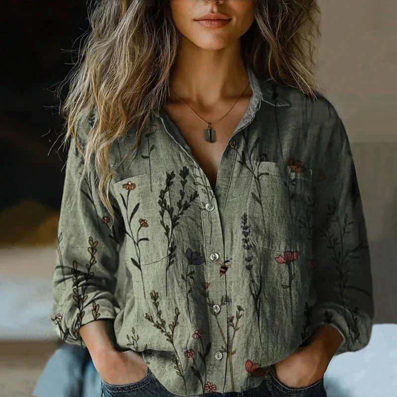 Nerina Blouse Vintage Femme – Blouse Aérée à Imprimé Ethnique avec Col à Revers et Manches Longues