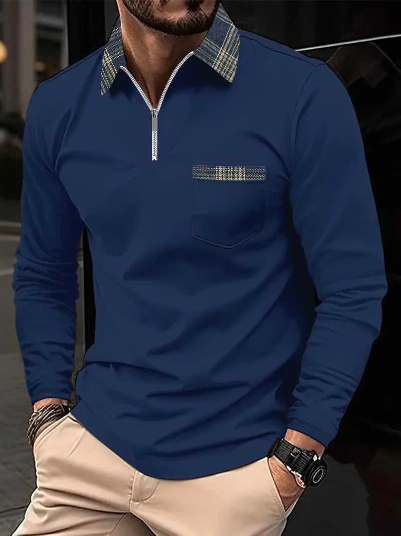 Mitchell Polo Homme à Manches Longues – Col Zippé Élégant & Motif à Carreaux Intemporel
