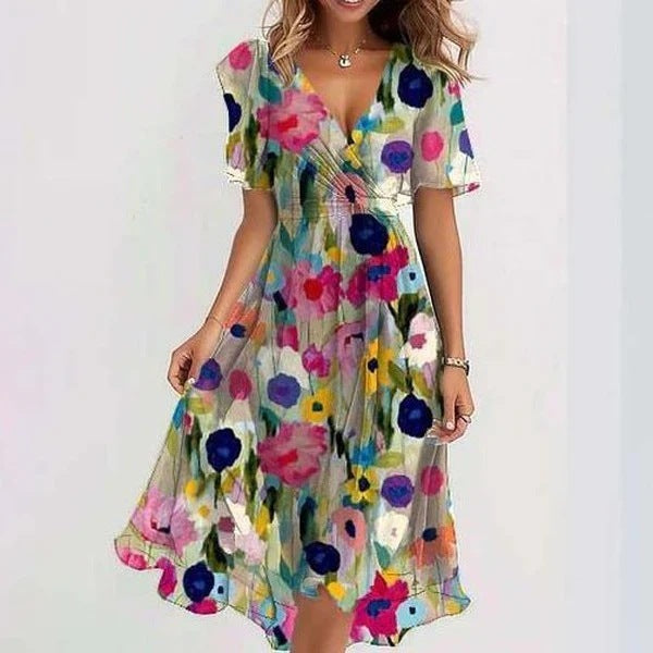 Ella Robe Femme – Robe Fleurie Élégante avec Encolure Cache-Cœur, Manches Volantes & Coupe Fluide