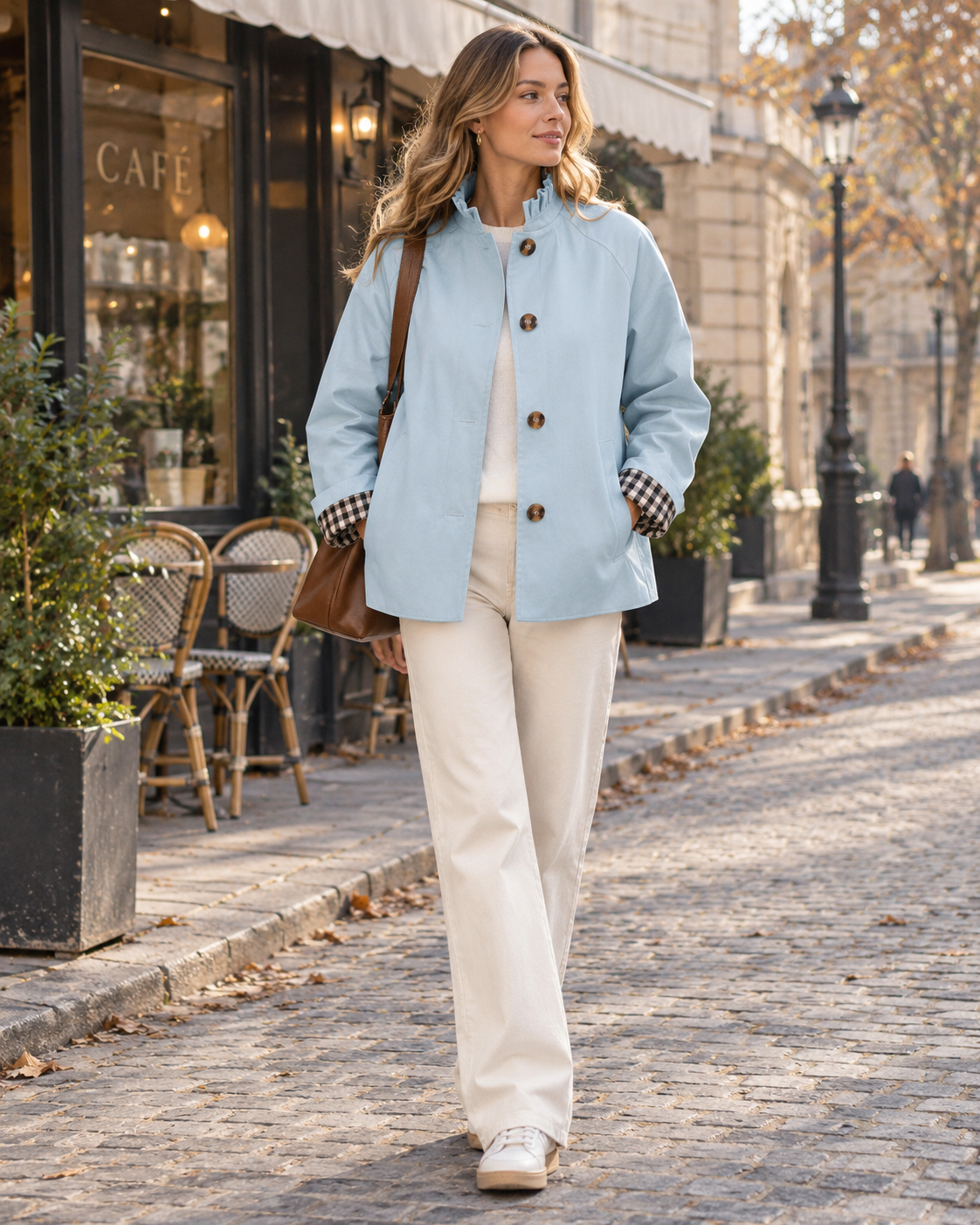 Lianne Veste Trench Femme Courte - Col à Volants, Poignets Écossais et Boutonnage Devant