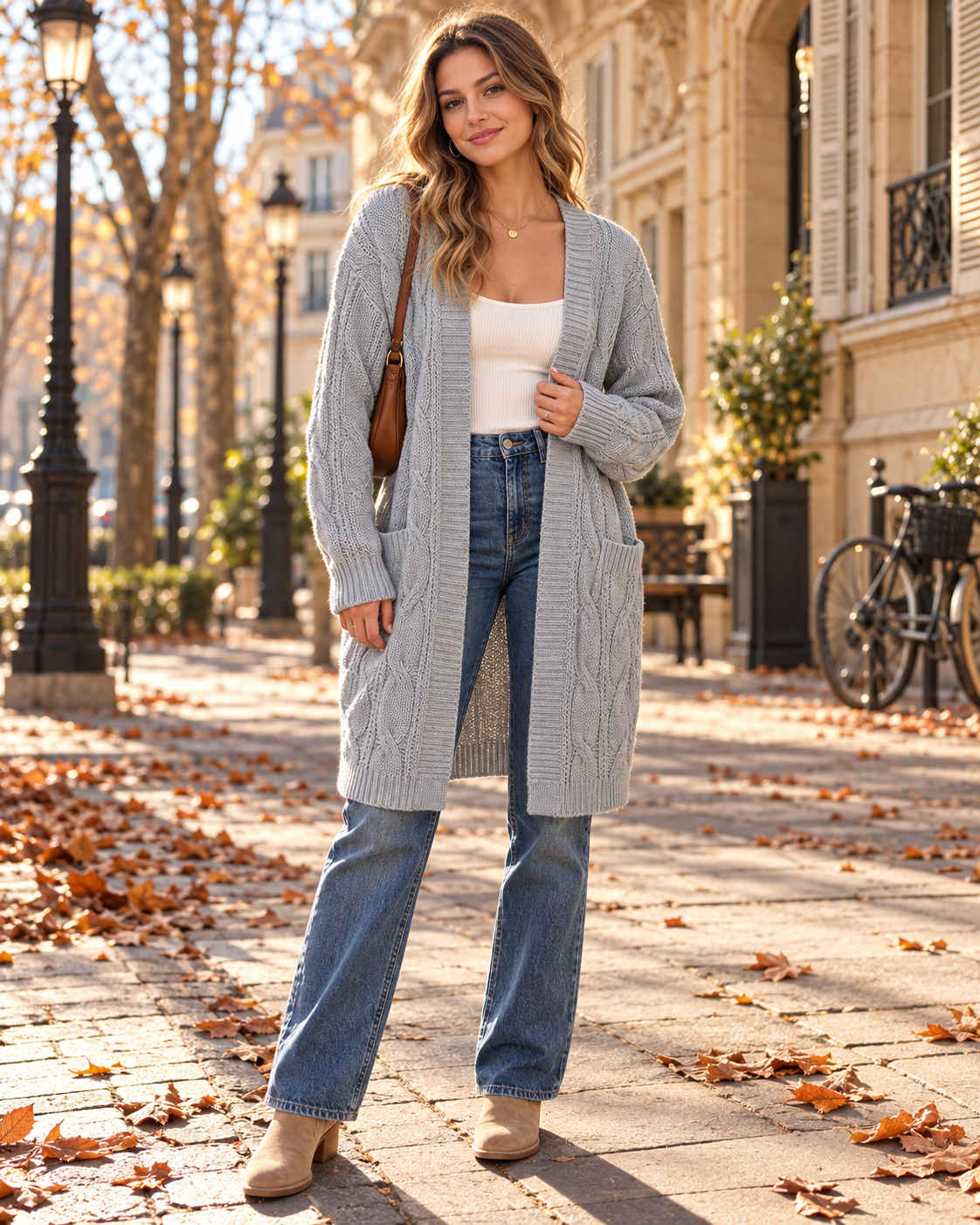 Luciana Long Gilet en Maille Ouvert Femme – Pull Léger avec Poches, Superposition Décontractée en Maille Torsadée