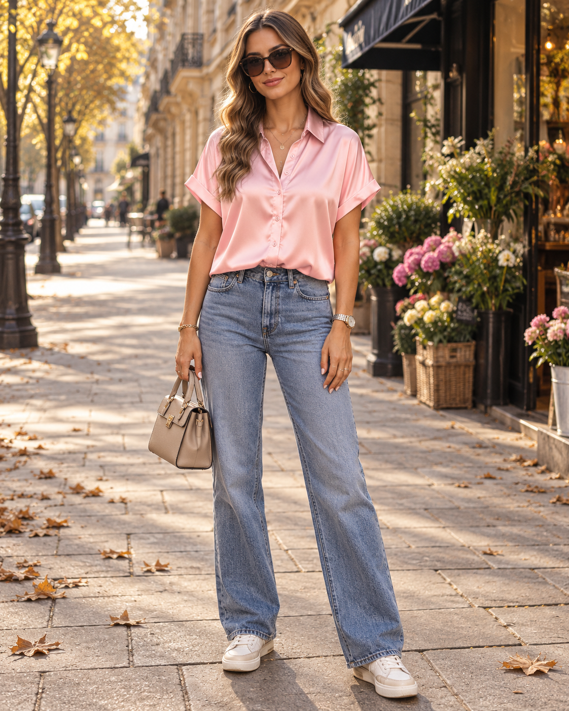 Celine Chemise Femme Légère en Satin – Blouse Boutonnée à Manches Courtes