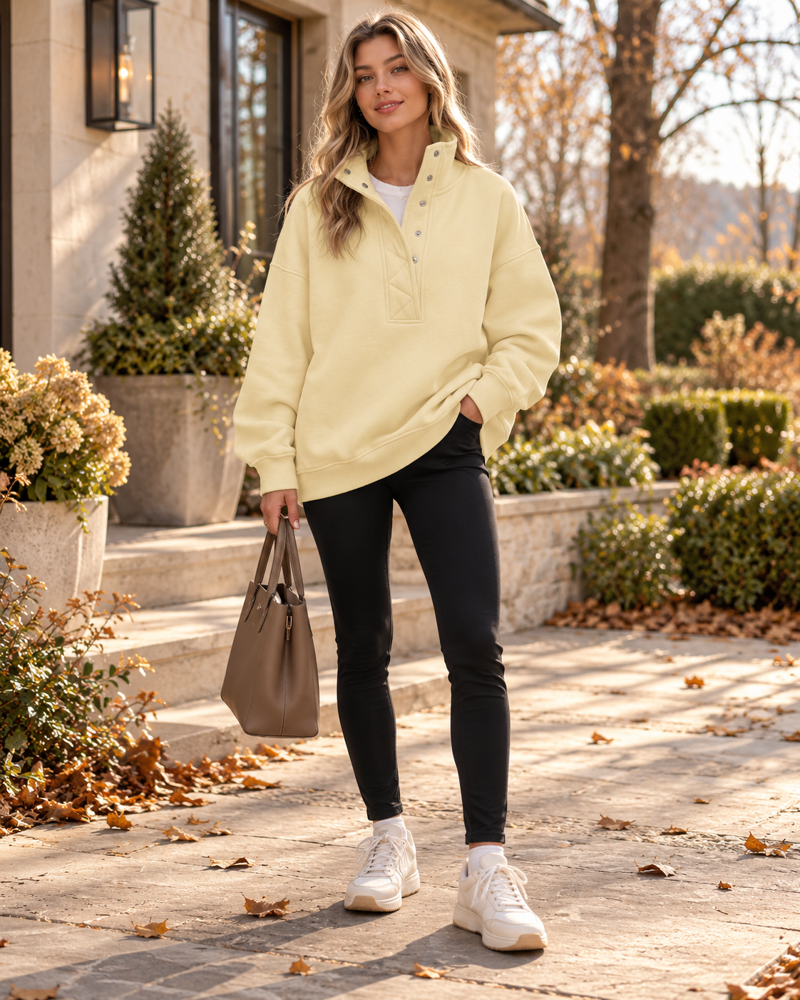 Brietta Pull Sweat Femme Oversize Henley – Manches Longues avec Col à Boutons-Pression