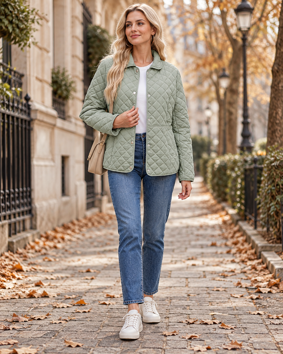 Quirina Veste Matelassée Femme Motif Losange – Pressions, Manches Longues et Poches