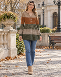 Gianna Tunique Femme Henley à Col V – Manches Longues, Plis et Color Block