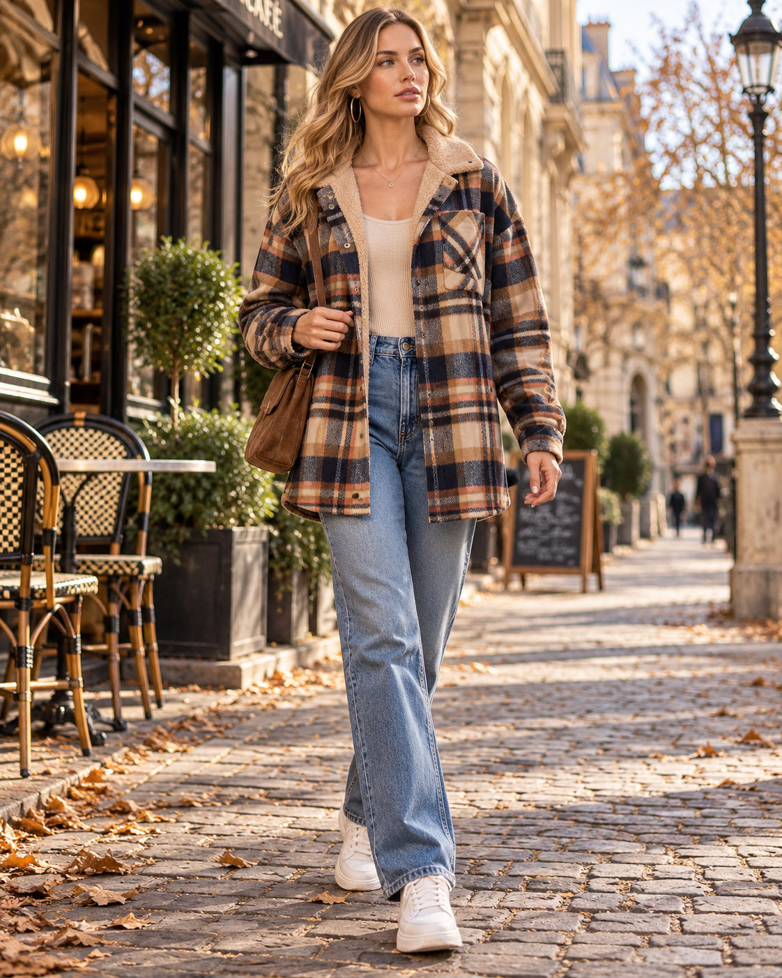 Yana Surchemise Ample Femme à Carreaux avec Capuche, Boutons et Poche de Poitrine