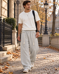 Paolo Jogging homme ample coupe barrel jambes larges, corde décorative et poches