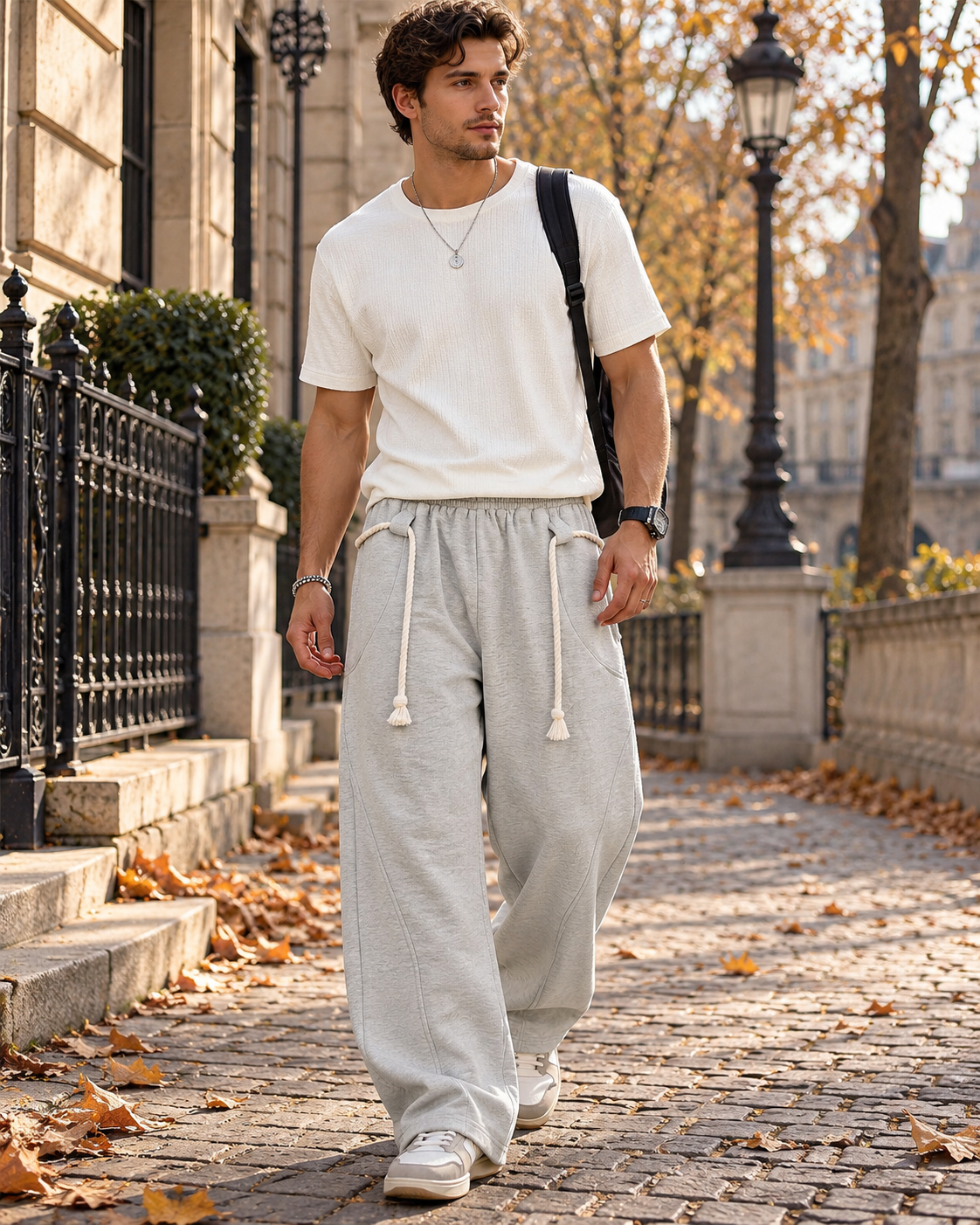 Paolo Jogging homme ample coupe barrel jambes larges, corde décorative et poches