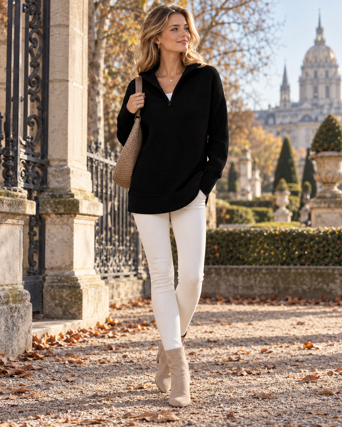 Freya Pull Côtelé à Col Zippé Femme – Coupe Décontractée avec Col Haut, Tunique à Manches Longues