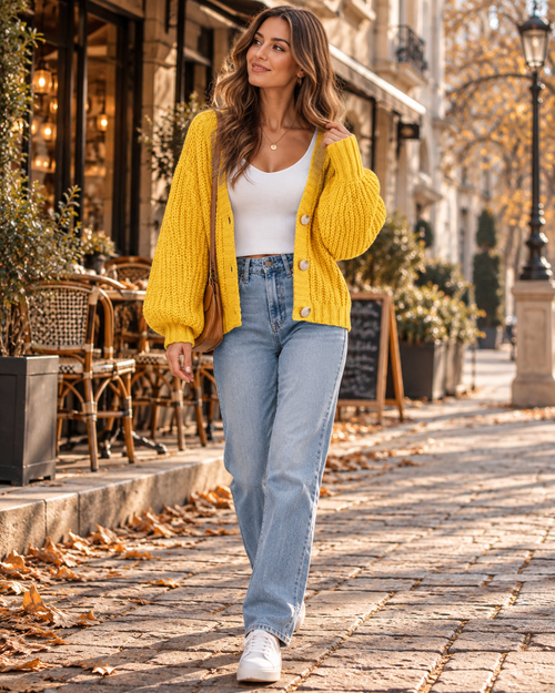 Amara Cardigan Ample Femme en Grosse Maille avec Col V et Boutons, Style Décontracté