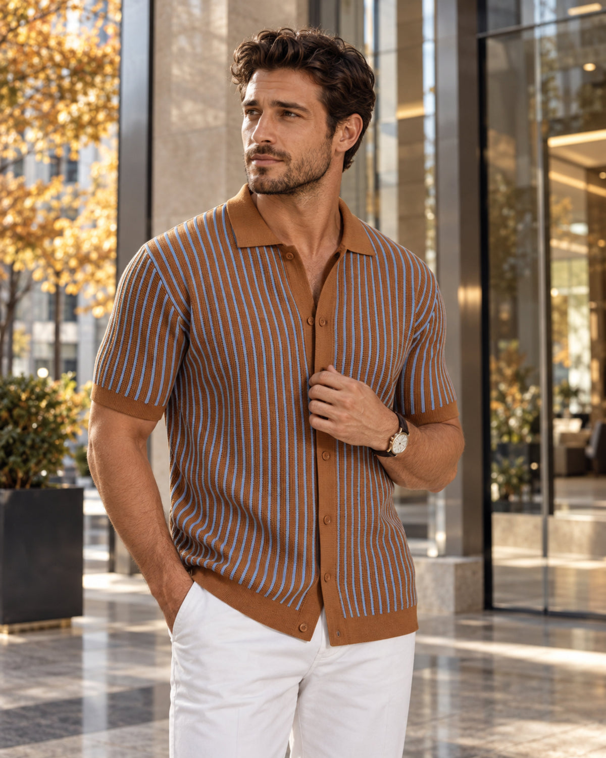 Mateo Polo Homme en Maille Rayée – Manches Courtes, Boutonné, Style Été