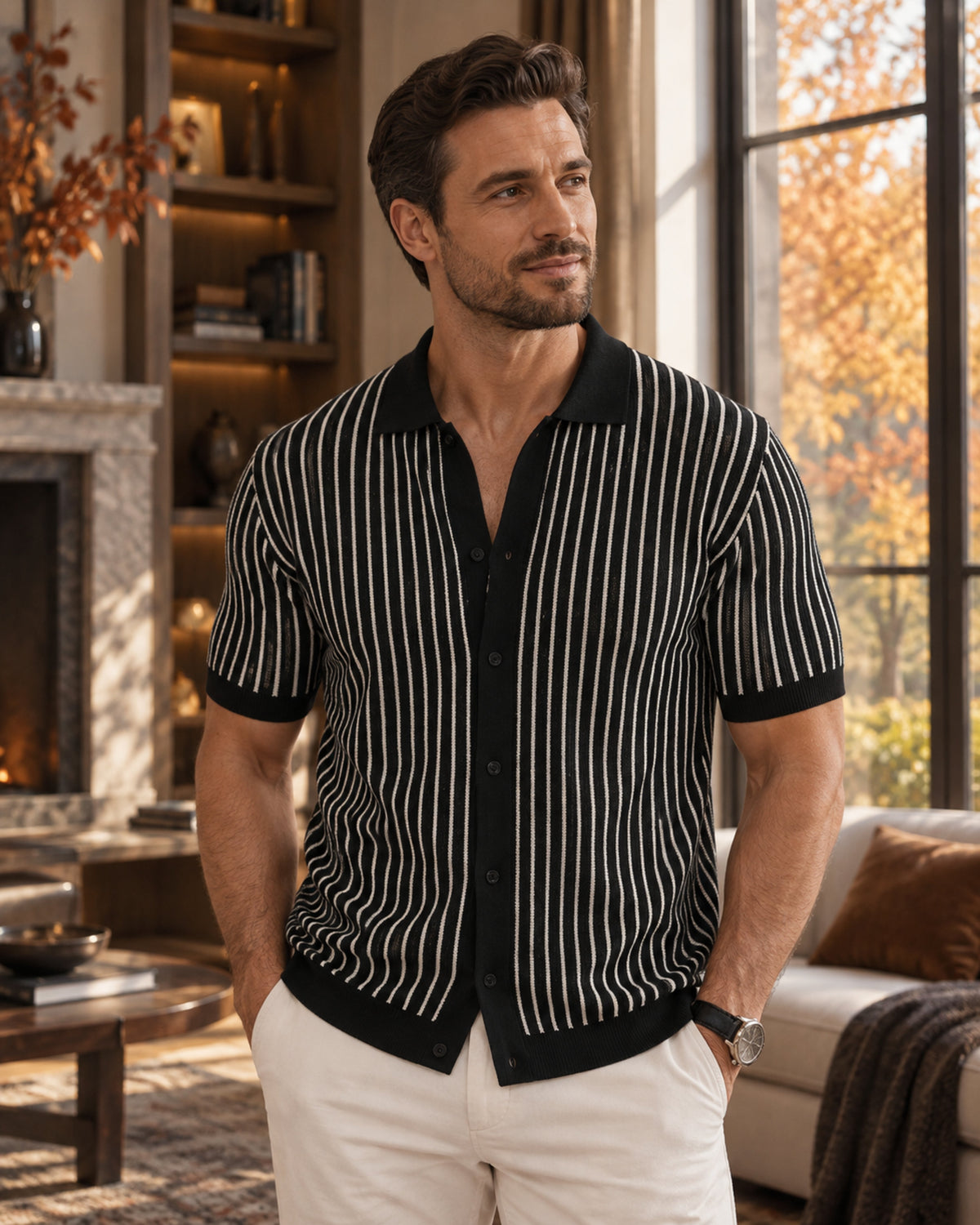 Mateo Polo Homme en Maille Rayée – Manches Courtes, Boutonné, Style Été