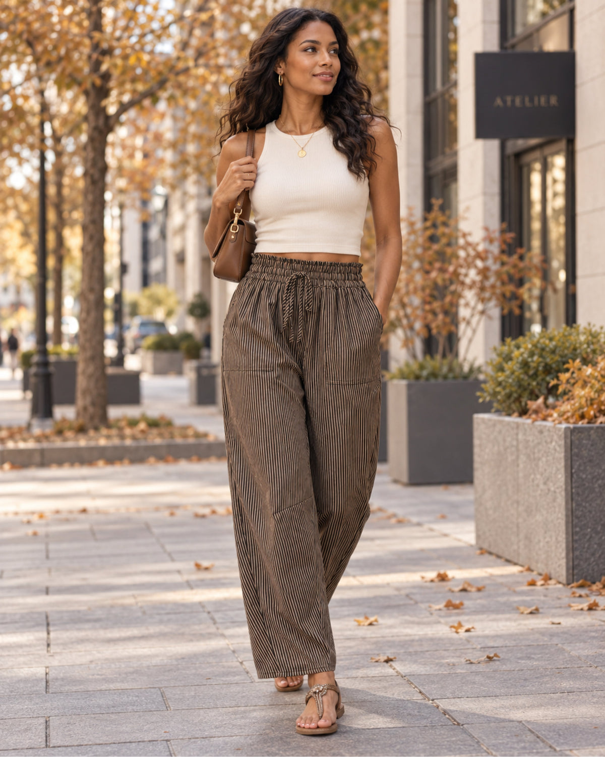 Sienna Pantalon Rayé Femme à Jambes Larges – Taille Coulissante, Coupe Ample