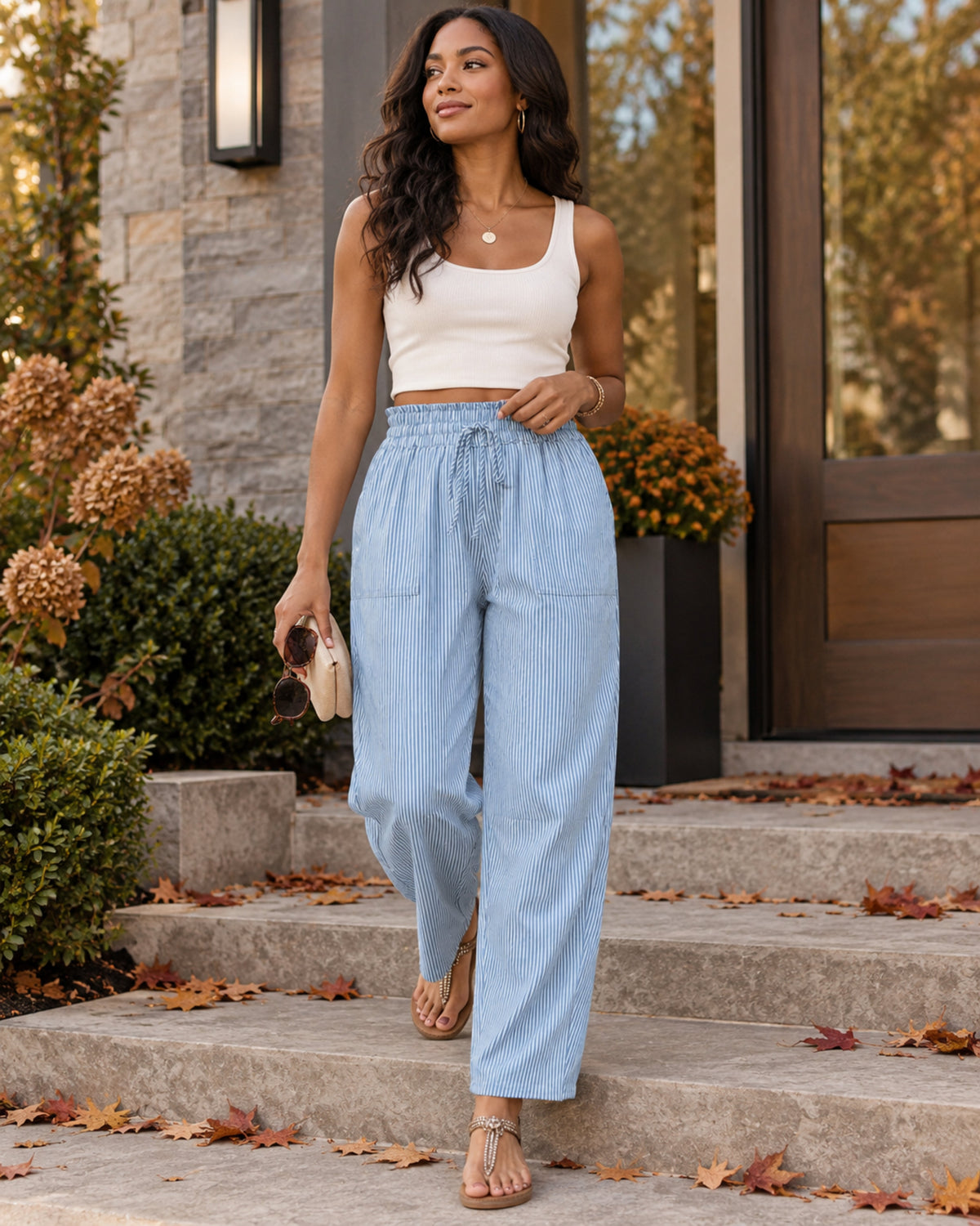 Sienna Pantalon Rayé Femme à Jambes Larges – Taille Coulissante, Coupe Ample