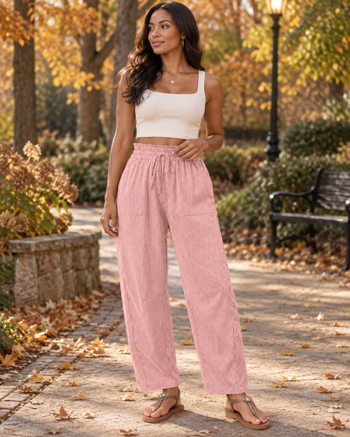 Sienna Pantalon Rayé Femme à Jambes Larges – Taille Coulissante, Coupe Ample